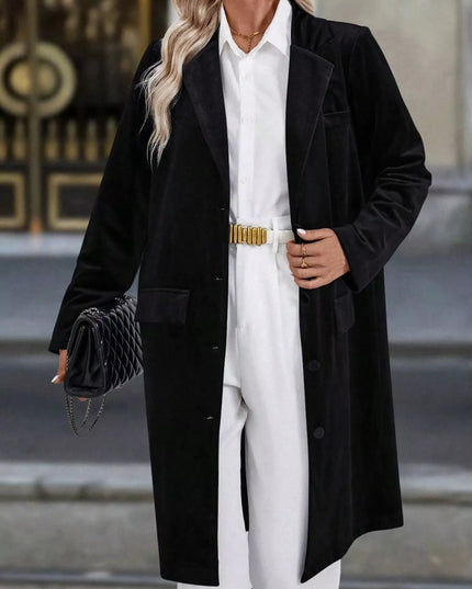 Lapel Collar Long Sleeve Longline Coat Black