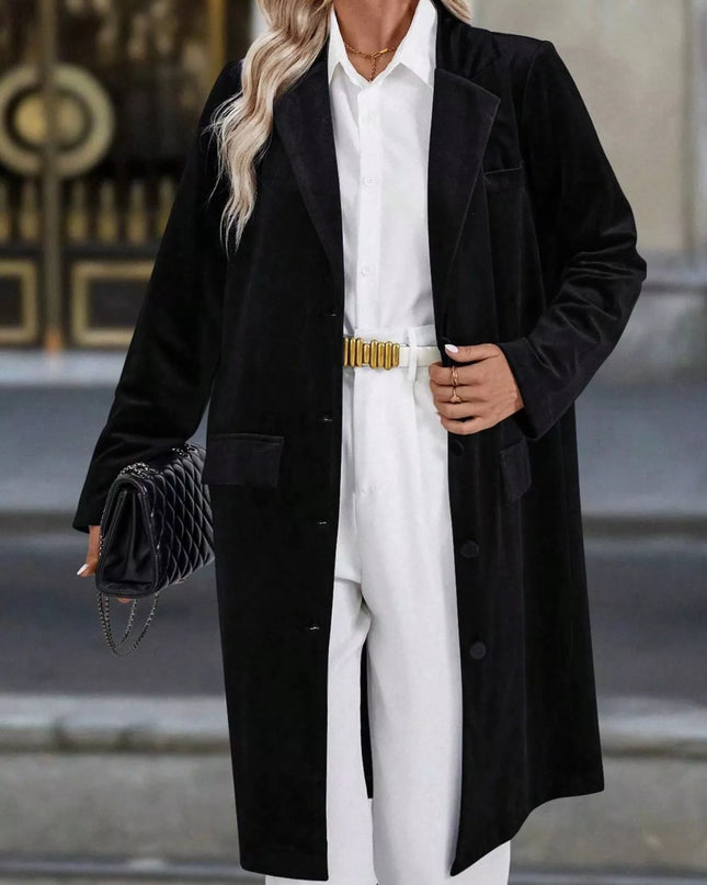 Lapel Collar Long Sleeve Longline Coat Black