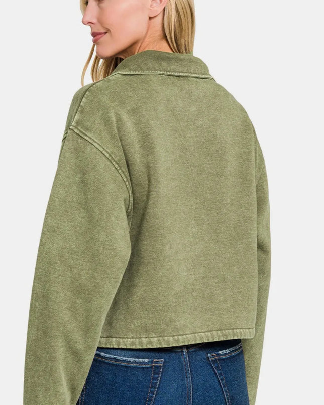 Zenana Acid Wash Fleece Half Snap Sweatshirt with Pocket