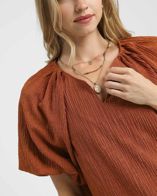 Umgee Textured Flutter Sleeve Notch Neck Top
