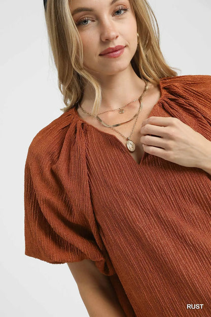 Umgee Textured Flutter Sleeve Notch Neck Top