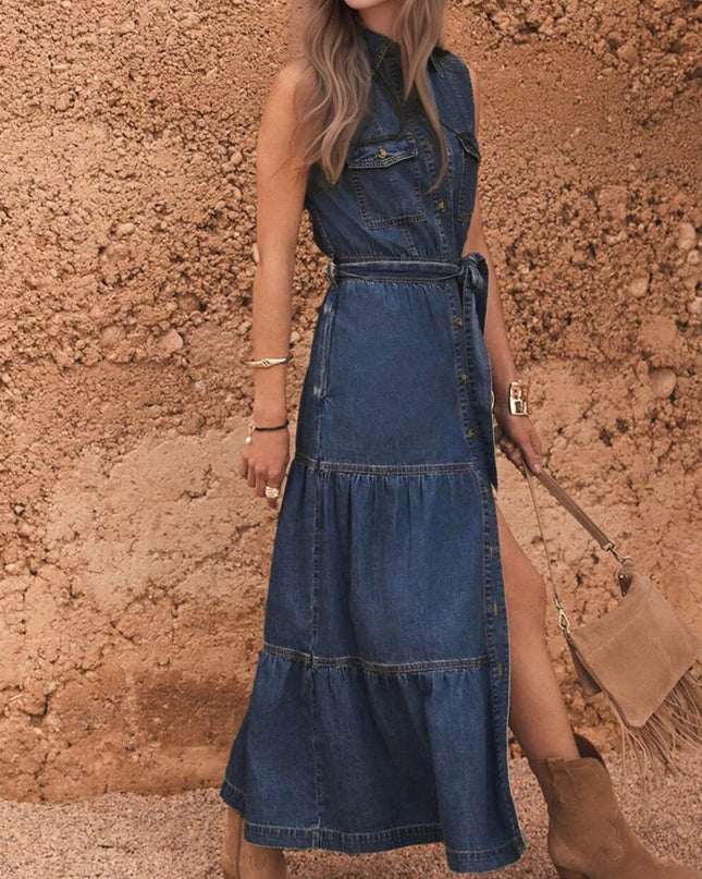 Button Front Sleeveless Denim Dress