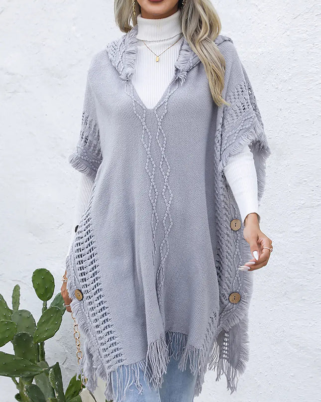 Fringe Trim Buttoned Hooded Poncho