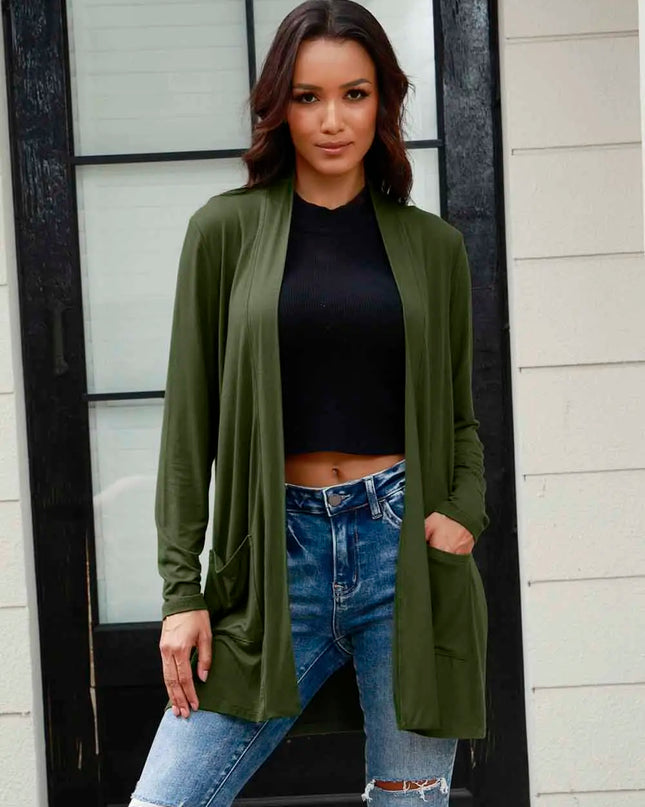 Basic Bae Full Size Open Front Long Sleeve Cardigan with Pockets Army Green