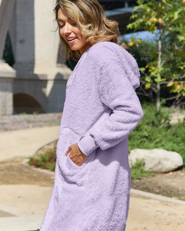 Double Take Full Size Hooded Teddy Bear Jacket with Thumbholes