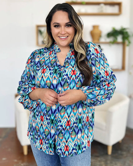 Double Take Full Size Printed Balloon Sleeve Blouse