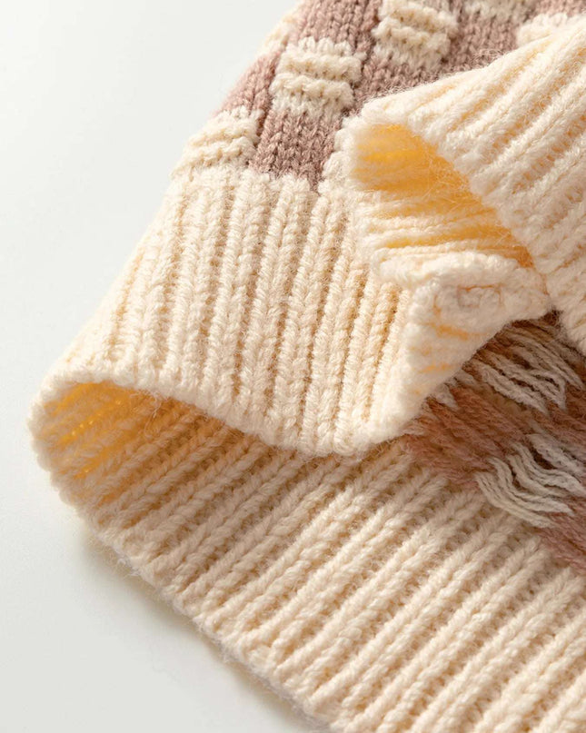 Stripe Checkerboard Drop Shoulder Balloon Sleeve Sweater