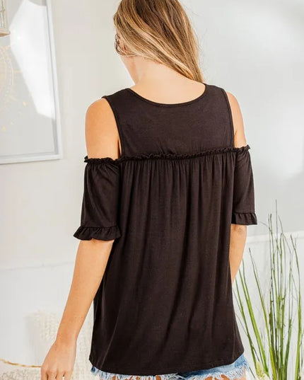 Heimish Full Size Frill Round Neck Cold Shoulder T-Shirt Plus Size
