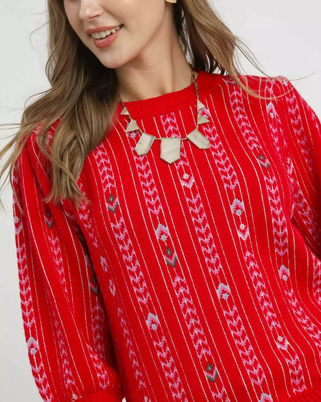 Umgee Jacquard Knit Puff Sleeve Sweater