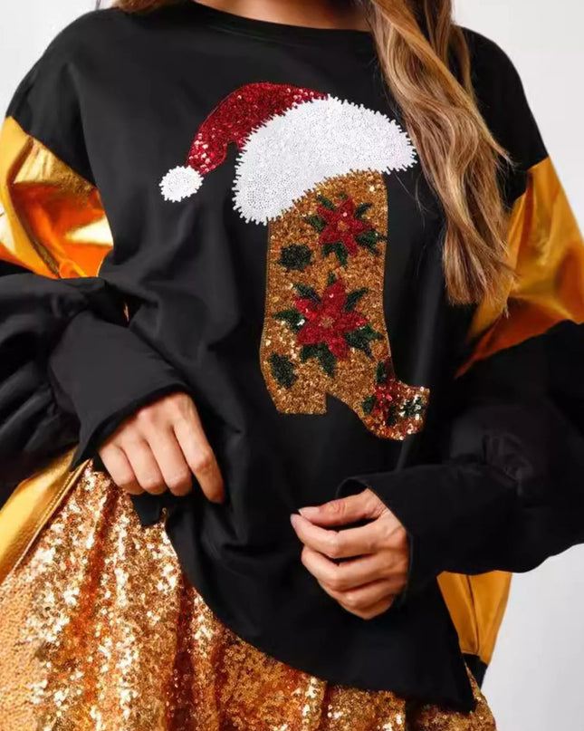 Christmas Sequin Boot Long Sleeve Sweatshirt