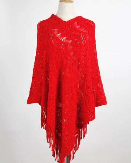 Fringe Openwork Surplice Cape Sleeve Poncho Scarlet One Size