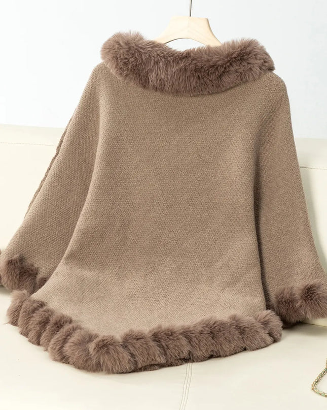 Fuzzy Trim Texture Three-Quarter Sleeve Poncho
