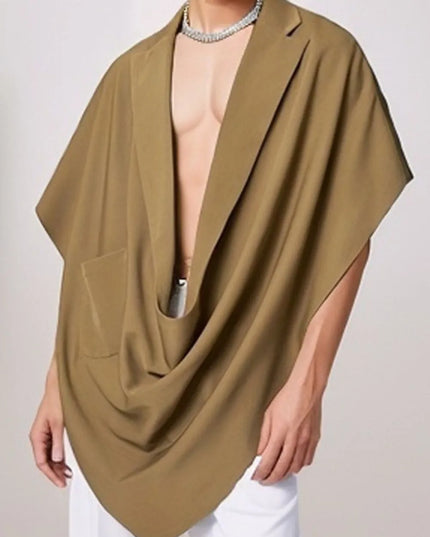 Men's Full Size Pocket Patched Draped Asymmetrical Hem Cape Plus Size Taupe