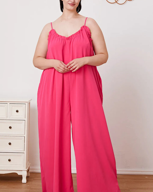 Double Take Full Size Ruffle Trim Tie Back Cami Jumpsuit with Pockets