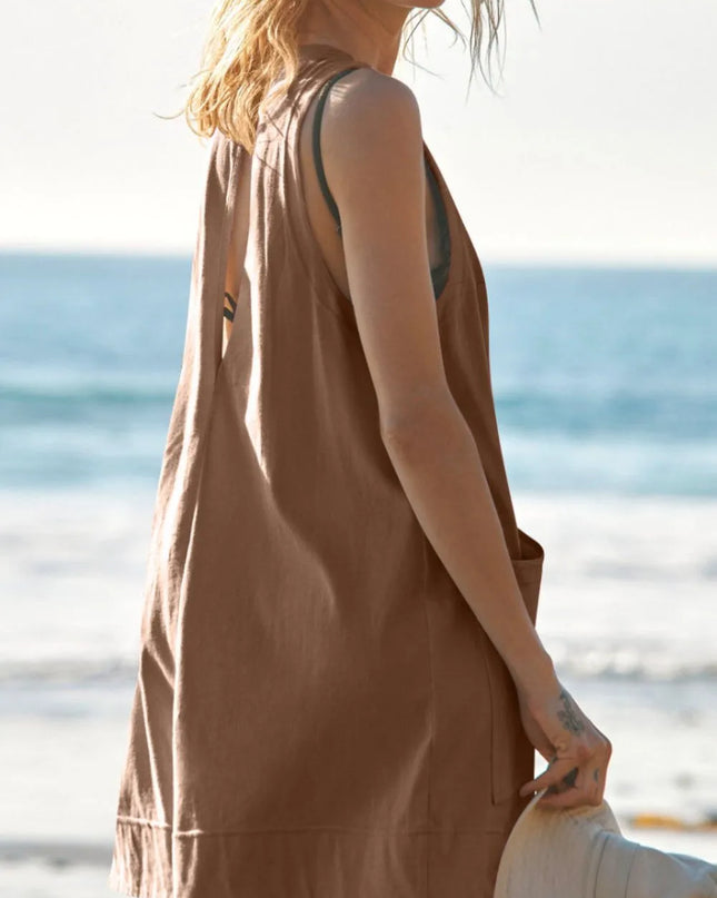 Lovelet Round Neck Sleeveless Romper with Pockets