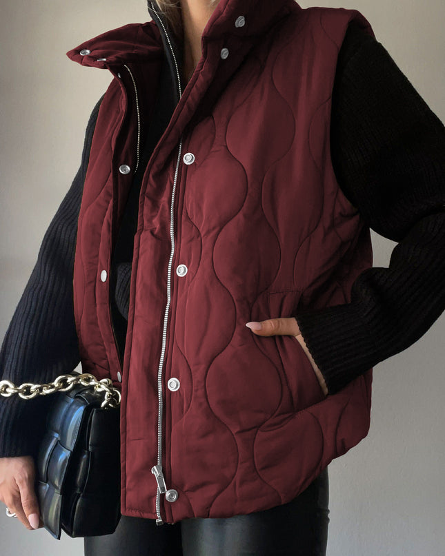 Collared Neck Vest with Pockets Wine