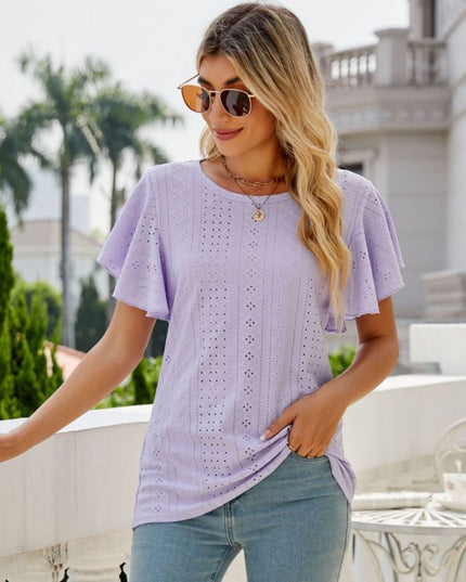 Eyelet Flutter Sleeve Round Neck Top