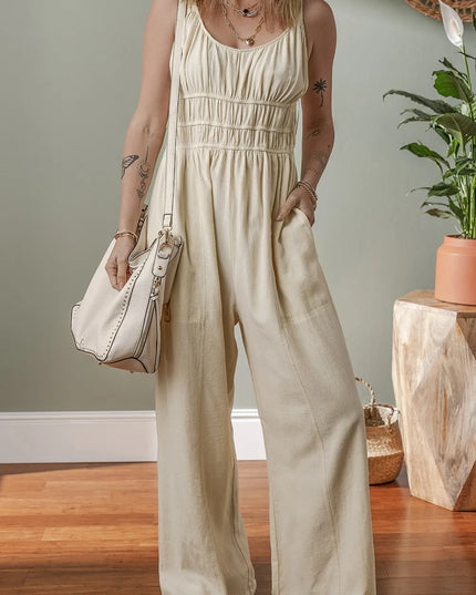 Ruched Sleeveless Wide Leg Jumpsuit Beige
