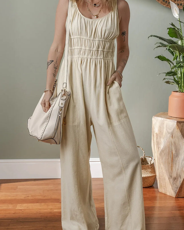 Ruched Sleeveless Wide Leg Jumpsuit Beige