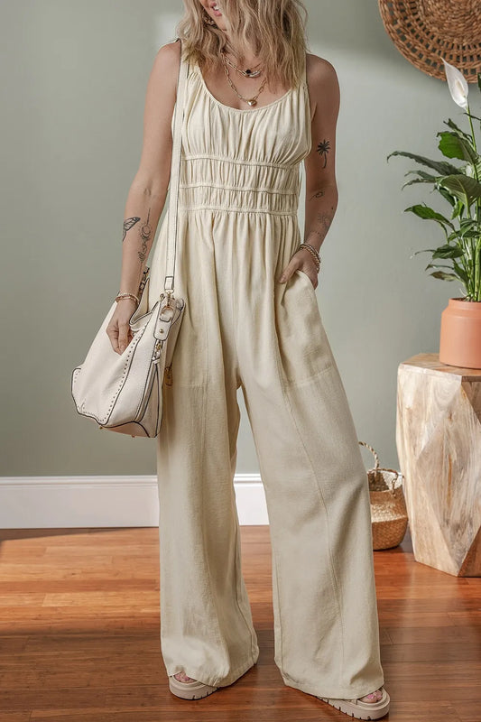 Ruched Sleeveless Wide Leg Jumpsuit Beige