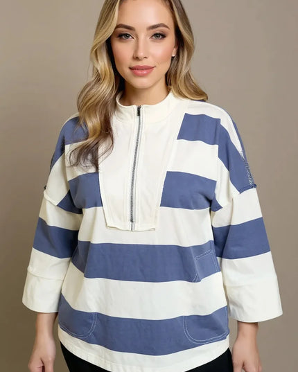 Oh Pima Cotton Wash Striped Half Zip Mock Neck Long Sleeve Top Dusty Blue
