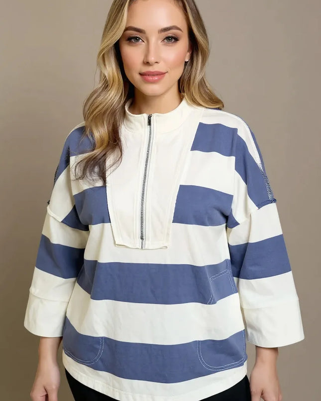 Oh Pima Cotton Wash Striped Half Zip Mock Neck Long Sleeve Top Dusty Blue