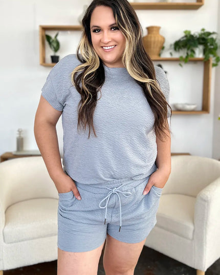 Double Take Full Size Texture Short Sleeve T-Shirt and Drawstring Shorts Set