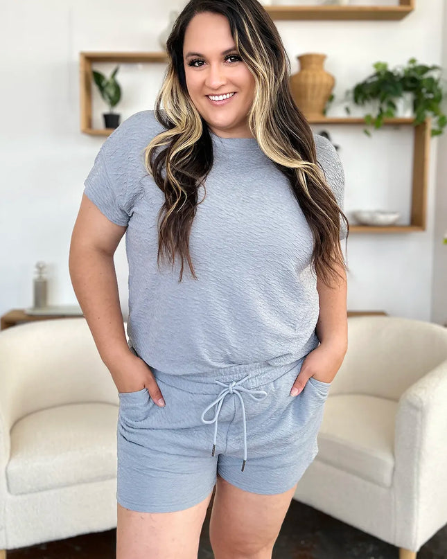 Double Take Full Size Texture Short Sleeve T-Shirt and Drawstring Shorts Set