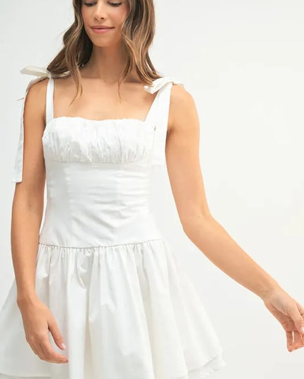 MABLE Shoulder Tie Corset Panel Mini Dress 