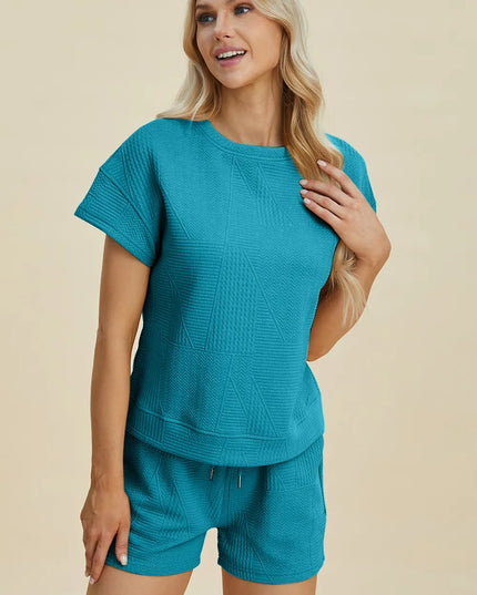 Double Take Full Size Texture Short Sleeve Top and Shorts Set