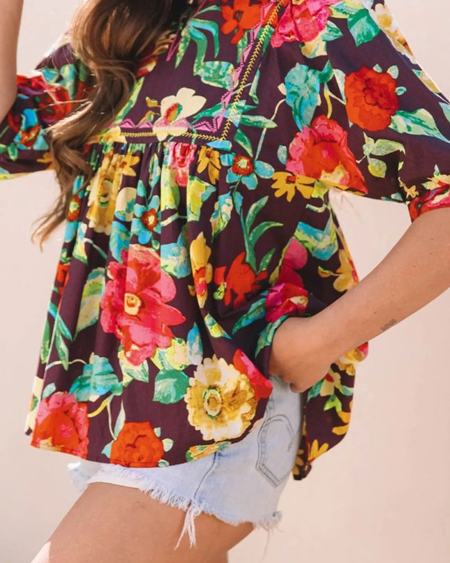 Flower Embroidered Trim Half Sleeve Blouse