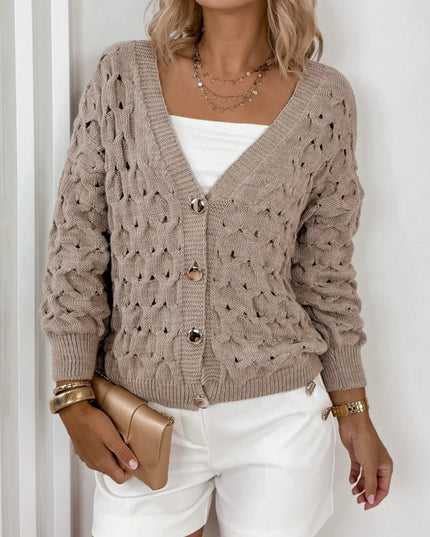 Textured V-Neck Long Sleeve Cardigan Khaki