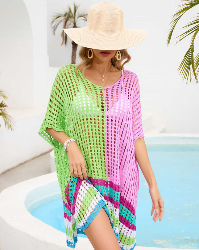 Contrast Scoop Neck Openwork Half Sleeve Cover Up