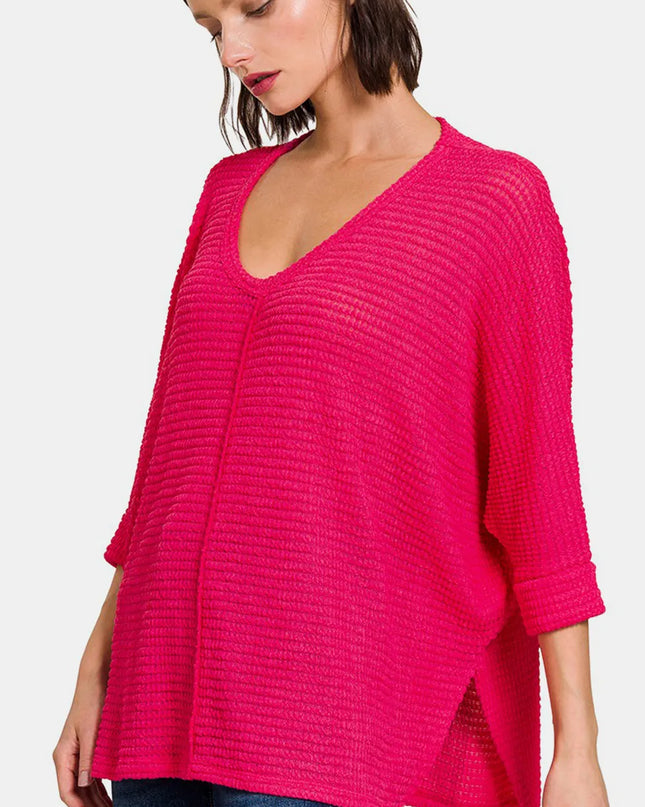Zenana V-Neck High-Low Jacquard Knit Top Viva Magenta