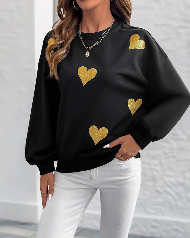 Heart Print Long Sleeve Sweatshirt Black