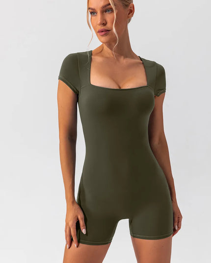 Square Neck Cap Sleeve Active Romper 