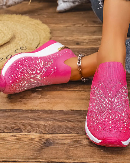 Rhinestone Wedge Sneakers Rose Red