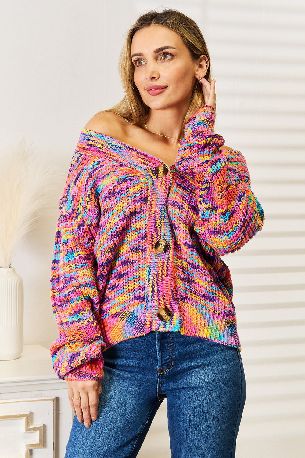 Angel Wings Woven Right V-Neck Long Sleeve Cardigan Multicolor