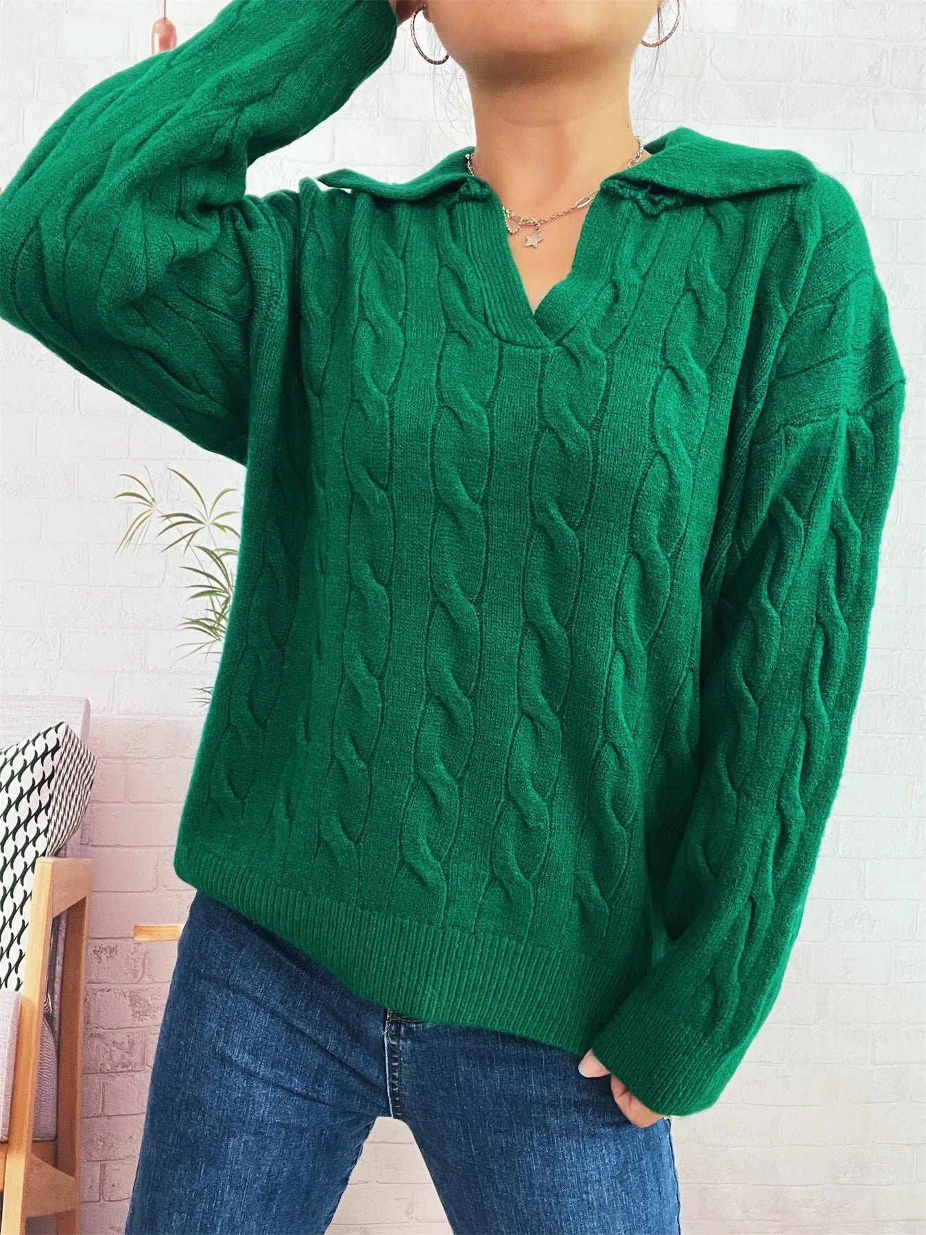 Cable Knit Johnny Collar Sweater