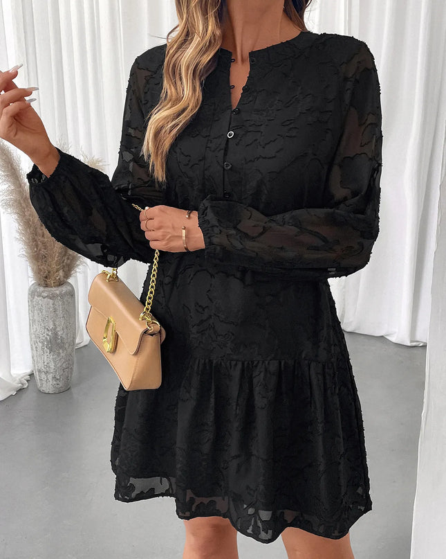 Button-Front Balloon Sleeve Mini Dress