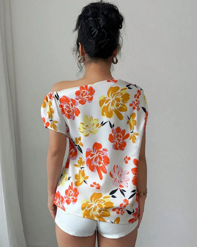 Floral Print One Shoulder Short Sleeve Blouse