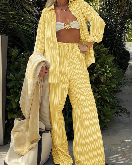 Striped Button Up Shirt and Pants Set Yellow