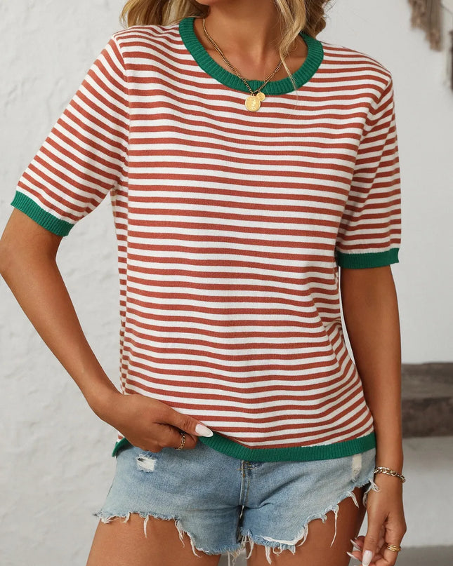 Mandy Striped Round Neck Half Sleeve Knit Top