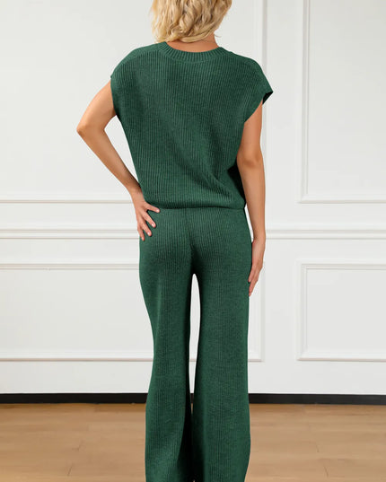 Pocketed V-Neck Top and Wide Leg Sweater Set