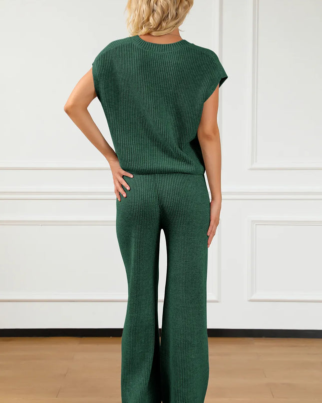 Pocketed V-Neck Top and Wide Leg Sweater Set