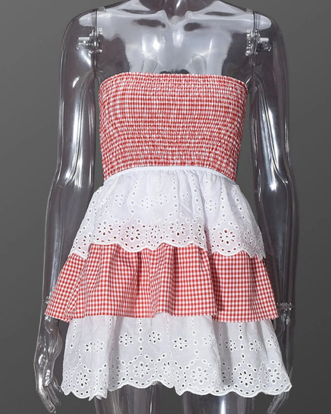 Eyelet Gingham Ruffle Layered Tube Dress