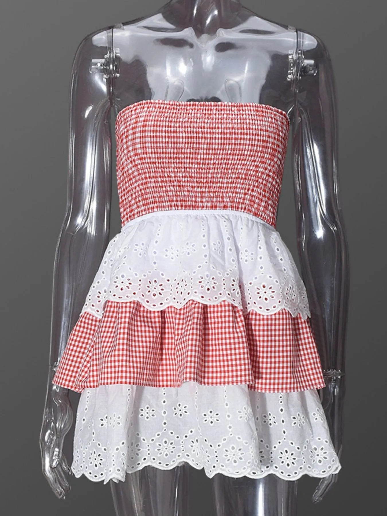 Eyelet Gingham Ruffle Layered Tube Dress