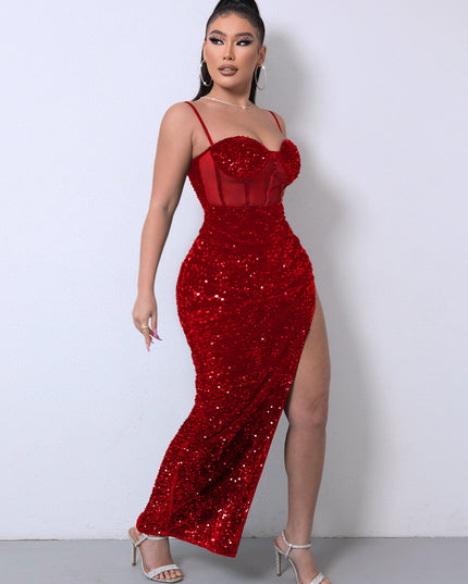 Sequin Spliced Mesh Adjustable Strap Dress 