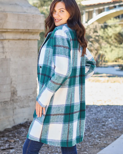 Double Take Full Size Plaid Button Up Lapel Collar Coat