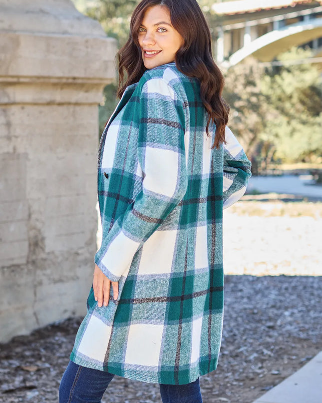 Double Take Full Size Plaid Button Up Lapel Collar Coat
